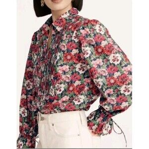 J Crew Liberty Poppy Amelie Top Floral Printed Scalloped Trim Pink Red Xsmall